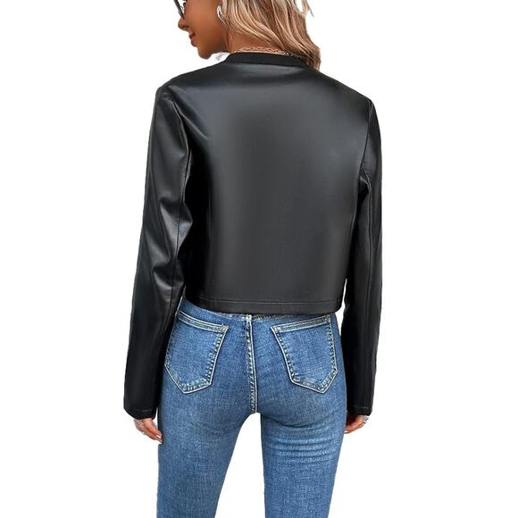 Women's Black Faux Leather Zip Up Cropped Moto Jacket Size S NWT - Picture 3 of 3